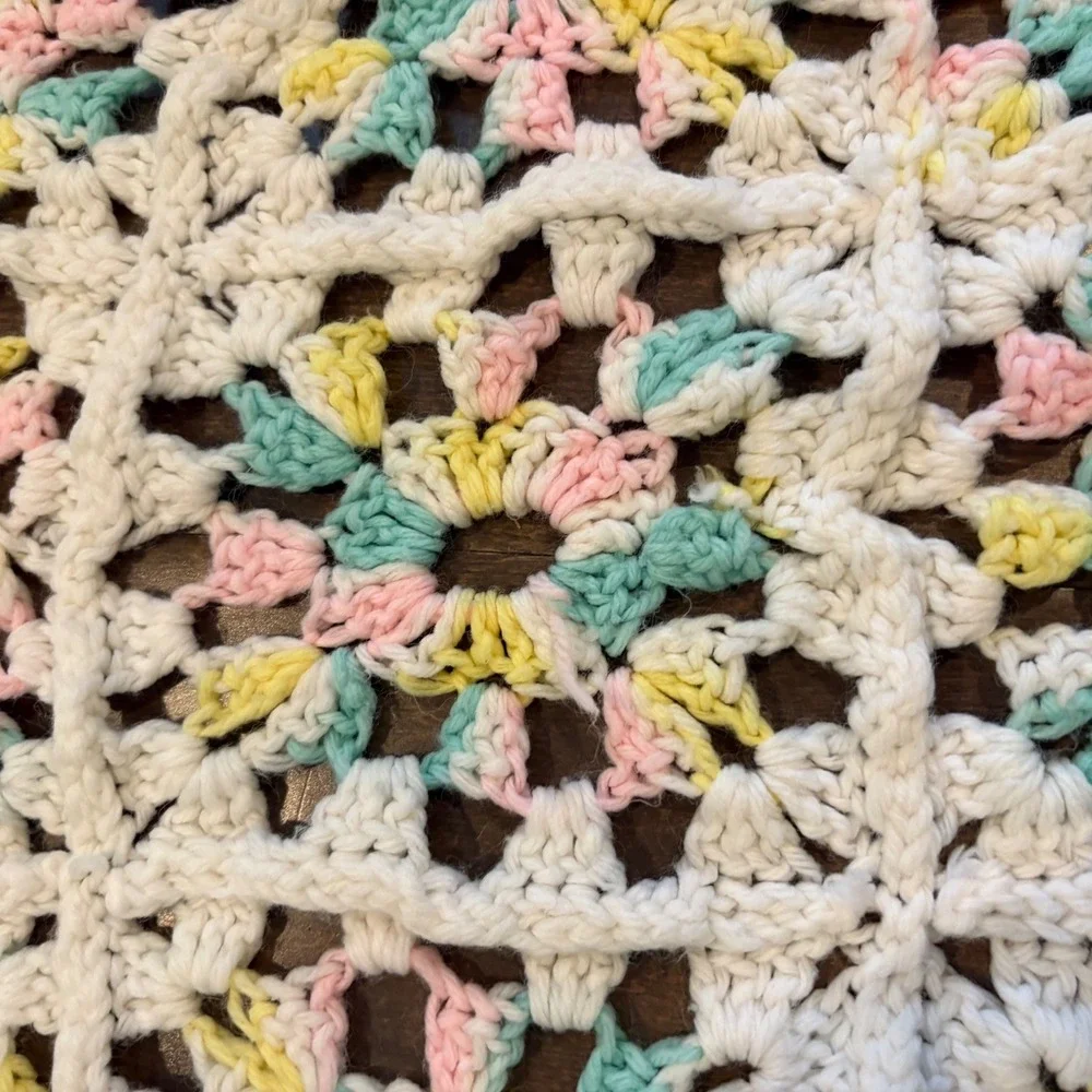 Handmade Crochet Granny Square Baby Blanket Pastel Pink Yellow Green Cream